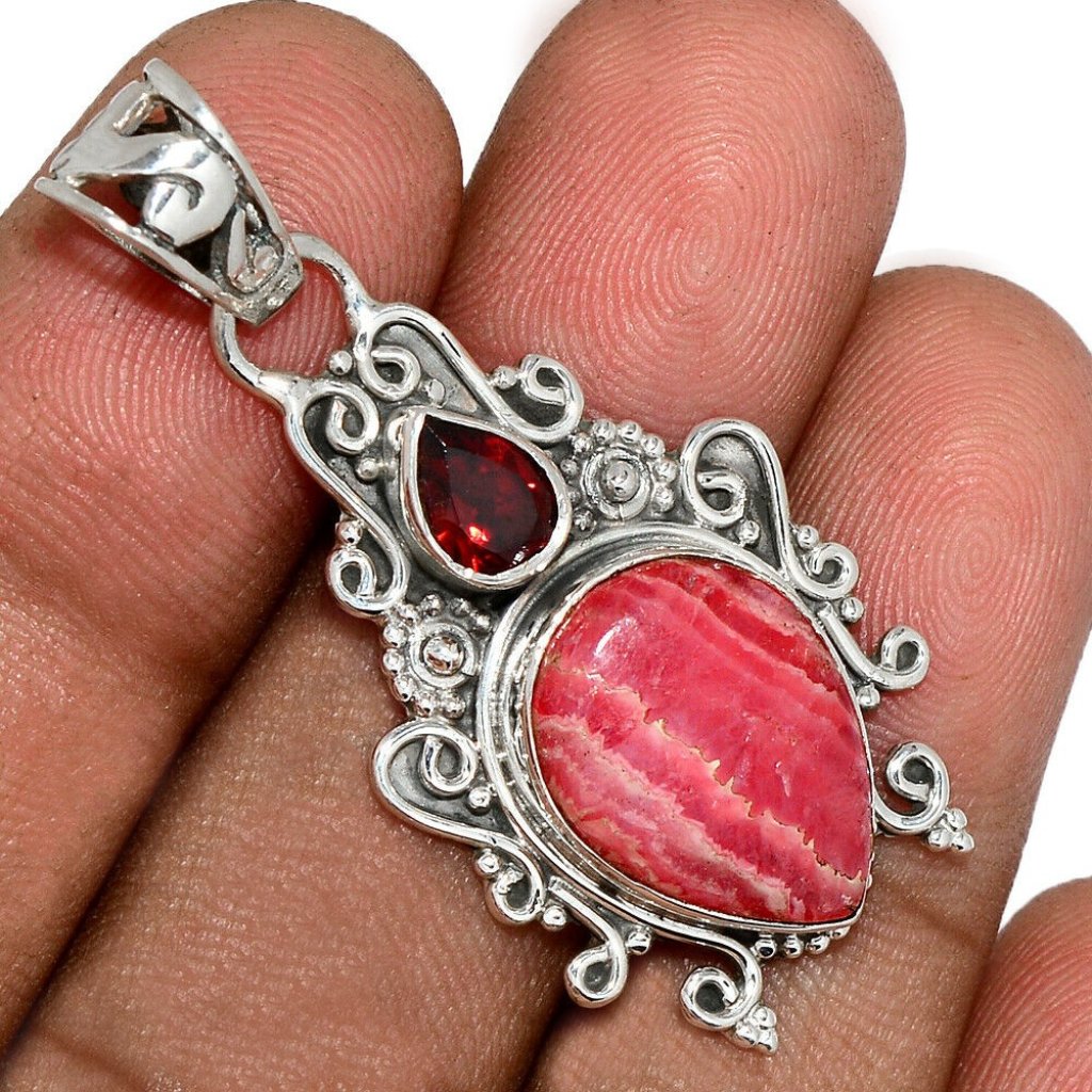 New - Pink Rhodochrosite And Garnet 925 Sterling Silver Pendant - Chain Included